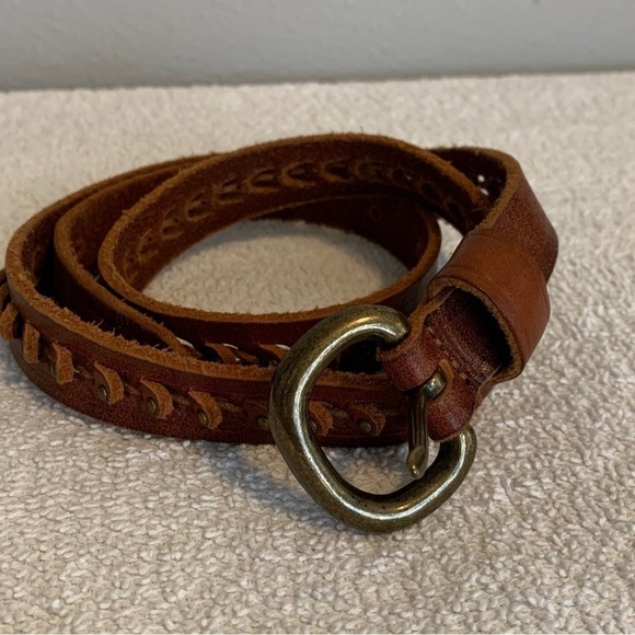 Source Unknown Accessories - Women’s Genuine Leather Skinny Boho Belt Brass Dot Detail Buckle Small 36”
